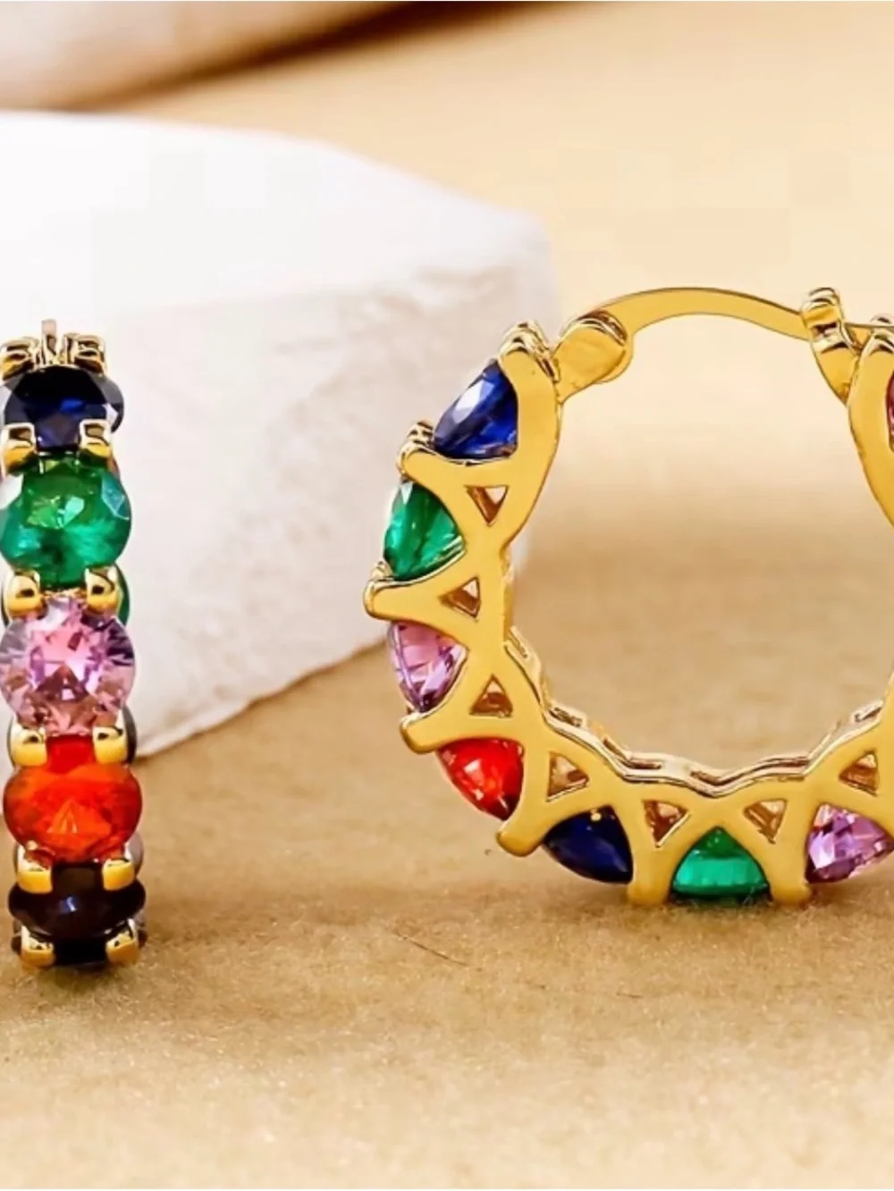 High Quality Gold-Tone Multi Gem Hoop Earrings - Colorful Crystal Accent